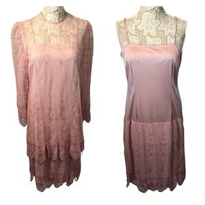Vintage 90s Samax New York Pink Lace Sheer Overlay Dess Set size medium